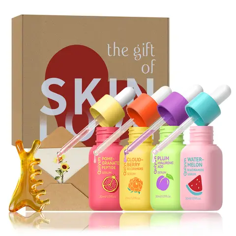 QUIYUM Facial Fruit Essence Gift Set (5pcs): Includes Pomegranate, Plum, Cloudberry, and Watermelon Essences (30ml each), plus a Massage Comb.