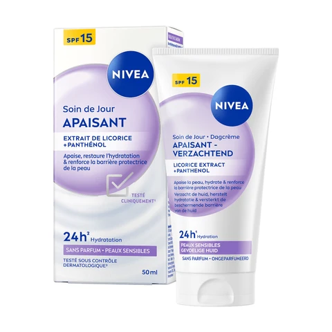 NIVEA Verzachtende Dagcrème - Gevoelige huid - SPF 15 - Parfumvrij en pH-neutraal - Met zouthoutextract en druivenpitolie - 50 ml