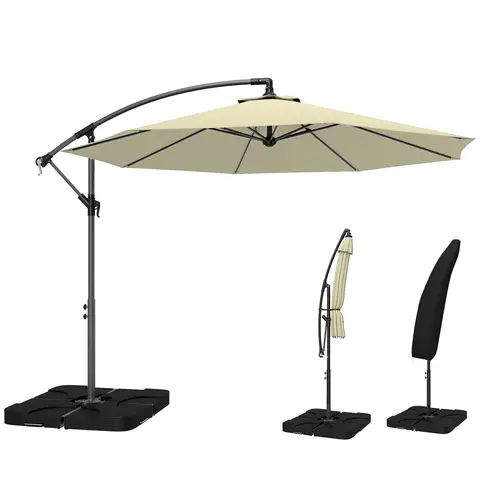 Outsunny 3 m Cantilever Parasol with Umbrella Weights, Cross Base, Offset Outdoor Umbrella with Protective Cover, Crank Handle, Sand