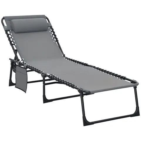 Outsunny Portable Sun Lounger, Folding Camping Bed Cot, Reclining Lounge Chair 5-position Adjustable Backrest with Side Pocke