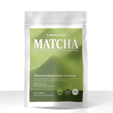 Whisper and Leaf Ceremonial Grade Matcha Powder, 100g Bag
