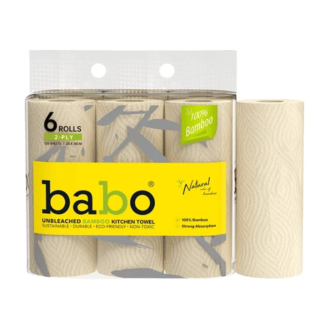 BABO Papier de cuisine pulpe bambou norme UE, 2 plis 120 feuilles/rouleau, 6 rouleaux/lot, 2 lots/carton soit 12 rouleaux, haute absorption graisse sans blanchiment, compostable pour nettoyage cuisine