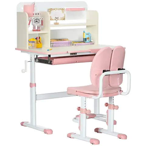 HOMCOM Kids Desk and Chair Set, Height Adjustable Kids Study Table and Chair Set with Storage Shelves, Washable Cover, Anti-Slip Mat and Tilted Desktop, for Ages 3-12 Years - Pink