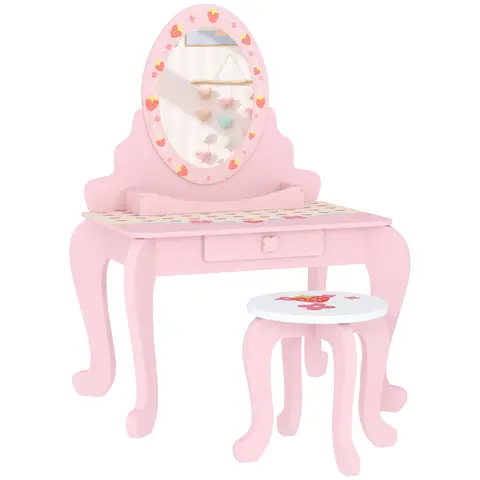 AIYAPLAY Kids Dressing Table Set, Two-Piece Children Vanity Table with Stool, Mirror, Drawer, Desktop Storage, Strawberry-Theme Makeup Desk, Chair, Pink