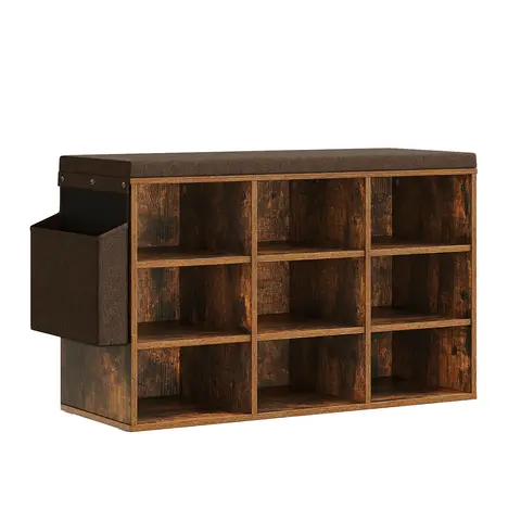 WOLTU Schuhbank für den Eingangsbereich, Schuhregal mit 9 Fächern und gepolstertem Sitz, platzsparende Eingangsmöbel aus Holz, Rustikal Braun+Braun, 76,8x30x48,5 cm