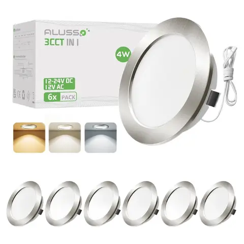 ALUSSO 12-24 V LED Einbau-Deckenstrahler, 4 W, Möbel-Einbaustrahler, 3000 K Warmweiß, 4000 K Neutrales Weiß, 6000 K Kaltweiß, Flachloch 55-58 mm und 14,5 mm Flach