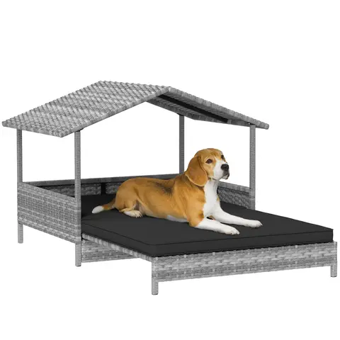 PawHut Rattan Dog House, Extendable Outdoor Wicker Dog Bed w/ Water-Resistant Roof, Removable Cushion Charcoal grey