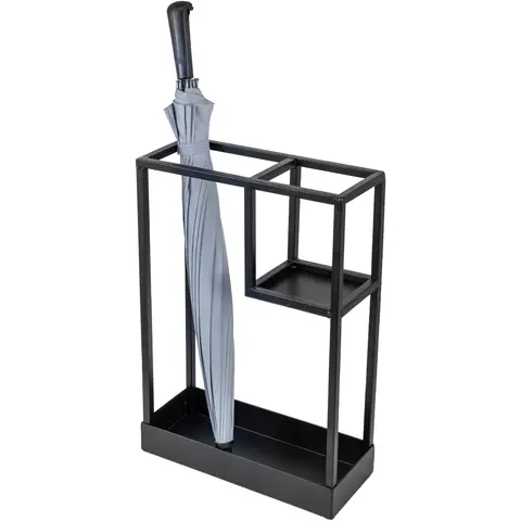 MyGift Moderner Schwarzer Metall-Eingangsbereich Regenschirmständer mit Geometrischem Design, 13 x 5 Zoll Breiter Rechteckiger Freistehender Stock-Regenschirmhalter mit Ablage für Kleine Regenschirme und Tropfschale