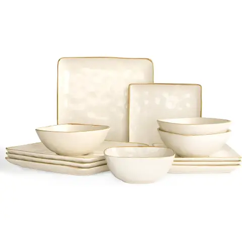 Richmount Ozean Serie Geschirrset - 12-teiliges quadratisches Keramikset für 4 Personen - Enthält Essteller/Salatteller/Müslischalen - Spülmaschinen- und Mikrowellengeeignet - Beige