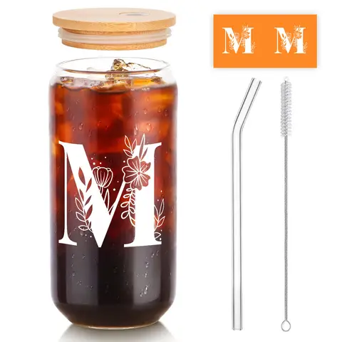 Alphynix 1 modernes Glas, 500ml hohes Eiskaffeeglas mit Monogramm "M"-Design, Bambusdeckel & Strohhalm, Kaltgetränkebecher für Eistee, Saft, Boba,Geschenk zum valentinstag, geschenk zum geburtstag