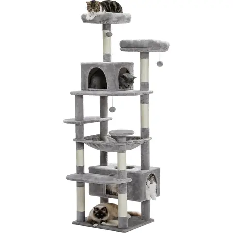 PAWZ Road Großer Katzenkratzpfahl, stabil, 184 cm Kratzpfahl für große Katzen, mit Hängematte, 7 Sisalpfählen, großer Sitzplatz, Höhle, Körbe, hoher Kratzpfahl für Innenkatzen, Grau