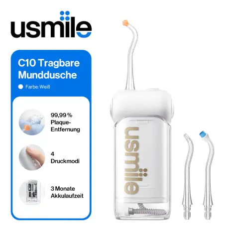 usmile C10 Tragbare Munddusche, reisetauglich, bis zu 95 Tage Akkulaufzeit, 4 Modi, 360° drehbare Düse, 180-ml-Wassertank, IPX7 wasserdicht, von Zahnärzten empfohlen für Zahnspangen, Implantate und empfindliches Zahnfleisch