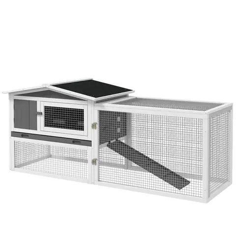 PawHut Kleintierstall Kaninchenstall aus Holz mit Rampe, Eingängen, Ruheraum, für Zwergkaninchen und Meerschweinchen, Grau