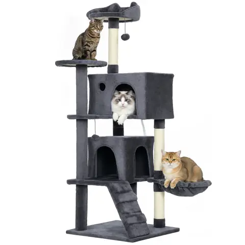 PawHut 140cm Cat Tree, Multi-Level Large Cat Tower with 3 Sisal Scratching Posts, Condos, Plush Perches, Hammock, Ladder, Dangling Balls, Kitten Activity Centre for Kittens Playing Relaxing, Dark Grey