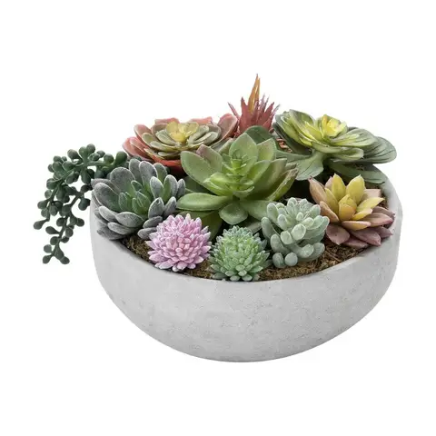 MyGift 20 cm Rundes Modernes Künstliches Sukkulenten-Arrangement in Grauer Beton-Pflanzschale, Verschiedene Künstliche Mini-Sukkulenten im Dekorativen Pflanztopf