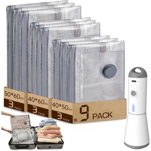HOMOH Vacuum Bags for Clothes with Wireless Vacuum Pump, Pack of 9 (3 x 40 x 50 cm, 3 x 40 x 60 cm, 3 x 50 x 60 cm), Reusable Vacuum Bags Clothing, Suitable for Travel, Daily Storage