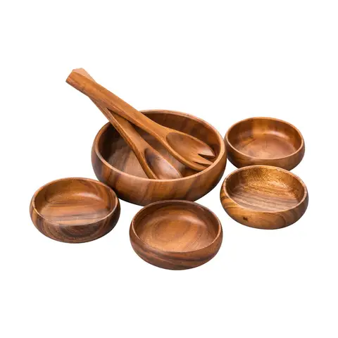 Maison by Premier Complete Acacia 7 Piece Salad Serving Set, Large 4 Bowls Wooden Salad Bowl, Hand Carved Bowl And Server Set