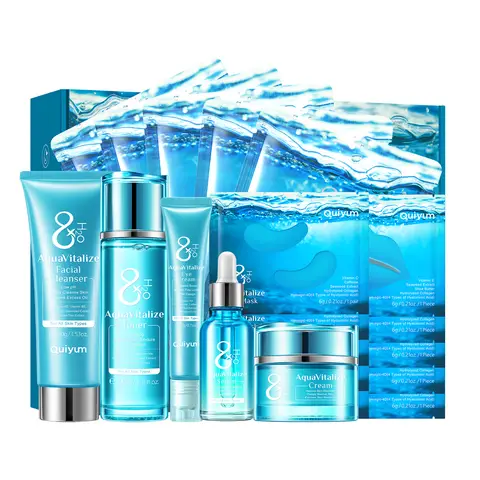 QUIYUM 8 Glasses of Water Skincare Set (20pcs): Cleanser 100g, Toner 100ml, Serum 30ml, Eye Cream 20g, Face Cream 55g, Facial Mask 25g x 5, Eye Mask 6g x 5, Lip Mask 6g x 5
