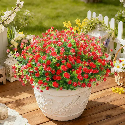 8Pcs 13.8in/35cm
Artificial Fake Flowers No Fade Boxwood Faux Plastic Plants for Garden Patio Porch Window Box Home Wedding Farmhouse Décor(red)