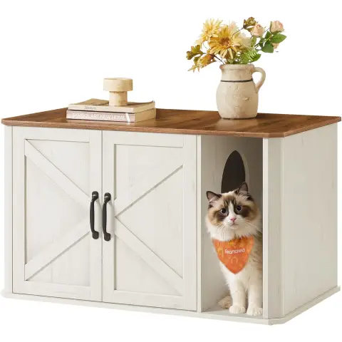 Feandrea Table d’Appoint 80 x 50 x 55 cm avec Bac à Litière pour Chat et Tapis Griffoir, Pieds Hauts, Blanc & Or, PCL012K01