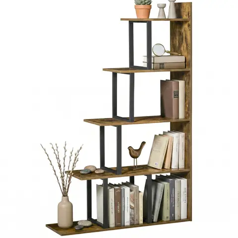 HOMCOM Industrial Bookcase 5-Tier Wooden Ladder Bookshelf Display Stand Organiser for Living Room Indoor Corner Shelf Rustic 