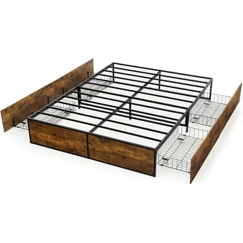 COSTWAY Double Metal Bed Frame with 4 Rolling Underbed Storage Drawers-190x120x33cm