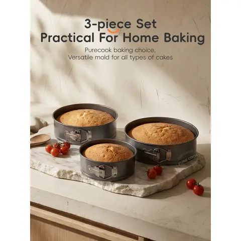 PURECOOK Série de moules à gâteau en acier au carbone | Gris | Avec attaches | Ensemble de 3 pièces comprenant un moule rond antiadhésif