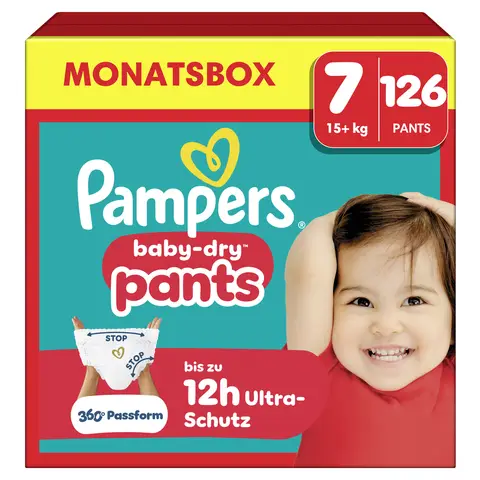 Pampers Baby-Dry Pants Größe 7, 126 Windeln, 15 kg+, 360°-Passform, hilft, Auslaufen zu verhindern