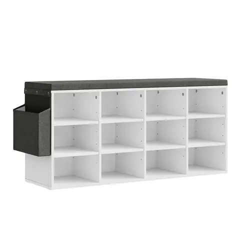 WOLTU Schuhbank mit 12 Fächern und gepolsterter Sitzfläche, Platzsparendes Flurmöbel aus Holz, Weiß, 102x30x48.5 cm