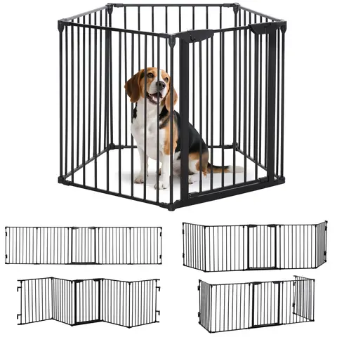 PawHut Pet Safety Gate, 5 Panels Playpen Fireplace, Foldable Metal Fence, Stair Barrier, Room Divider, Fire Guard w/ Automati