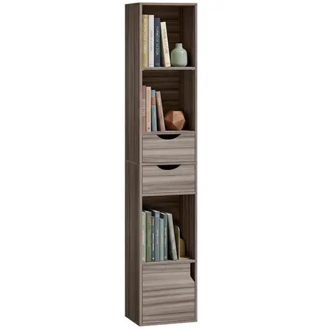 HOMCOM 158 cm Bookcase with Drawers, 3-Tier Bookshelf, Slim Storage Cabinet with Doors, Adjustable Shelf Grey