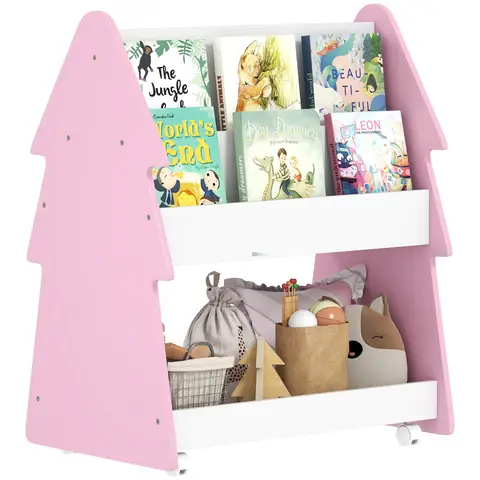 AIYAPLAY Kids Bookshelf, 3 Tier Childrens Bookcase with Wheels, Double-Sided Kids Book Rack with Toy Storage for Playroom, Bedroom, Nursery, Classroom, Pink
