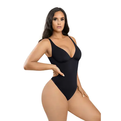 Feelingirl Plunge-V-Neck One-Piece Bodysuit mit Bauchstraffung, Schwarz, Größe M