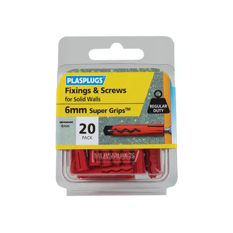 PLASPLUGS Solid Wall Super Grips™ Fixings Red & Screws Pack of 20