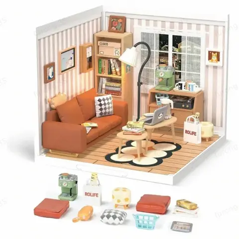 Robotime Rolife Gemütliches Wohnzimmer DIY Miniaturhausbausatz 16,3 x 16,3 x 15,2 cm 1 Stück