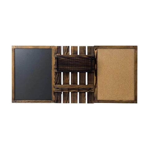 MyGift 3-Panel Wandmontiertes Eingangsbereich-Pinnwand-Kombiset mit Rustikalem Verbranntem Massivholzrahmen mit Kreidetafel, Korktafel, Schwarzem Metall-Briefkorb und Hängeschiene