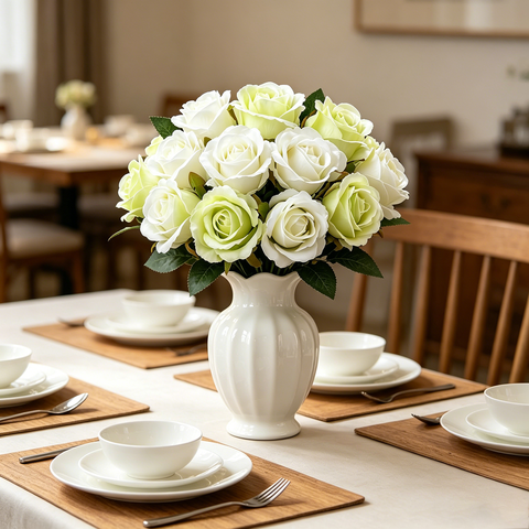 Yuejia 12Pcs 10.6in/26.92cmArtificial Roses Single Stem Fake Silk Flower Arrangement Bridal Bouquet Real Touch for Home Party Wedding Decoration(white green)