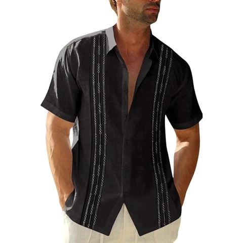 Men's Short Sleeve Guayabera Shirts Linen Cotton Button Down Mexican Embroidered Cuban Wedding Shirt Summer Beach Tops (Black, M)