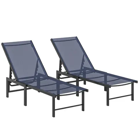 Outsunny Sun Loungers for Garden Set of 2, 5-Level Adjustable Reclining Sun Lounger Chairs, Flat Garden Lounger Sunbed with Texteline Seat, Steel Frame for Patio, Beach, Dark Blue