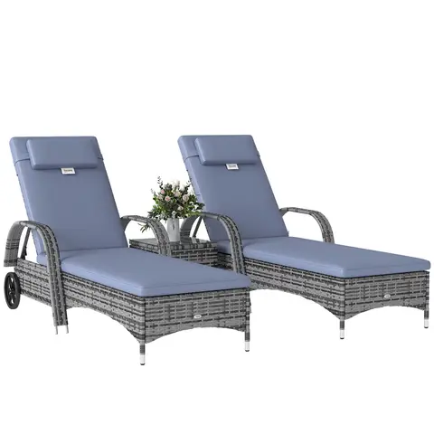 Outsunny Rattan Sun Loungers for Garden Set of 2 with Side Table, Garden Recliner Sunbeds with Adjustable Back, Wheels, Cushions and Headrest, 3 Pieces Garden Furniture Set for Outdoor, Patio, Grey
