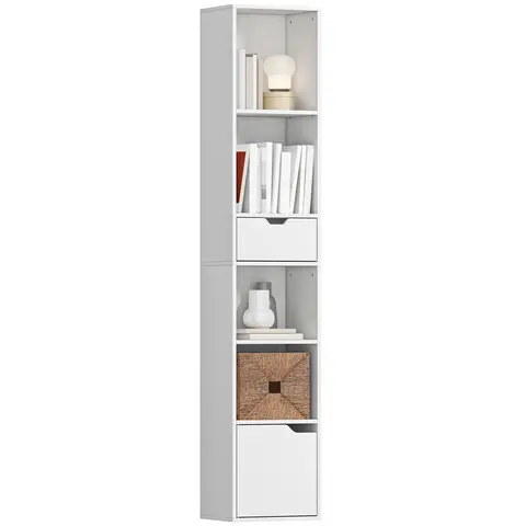 HOMCOM 6-Tier Bookcase, Tall Narrow Bookshelf with Drawer, Door, Adjustable Shelf White