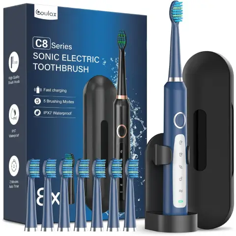 Coulax Hollow-Cup Electric Toothbrush, 8 Brush Heads, 5 Modes, Includes Travel Case
& Stand - Deep Blue