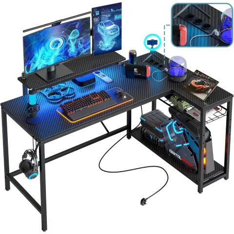 Bestier 132 cm L-förmiger Schreibtisch mit Steckdosen & LED-Beleuchtung, Reversibler Eckschreibtisch mit Regalen, Großer PC-Arbeitsplatz mit Haken für Home-Office und Schlafzimmer