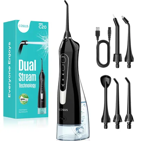 COSLUS Trragba Electric Wireless Oral Irrigator: 300 ml Water Tank Test Winner 2025 IPX7 Waterproof for Oral Health Enthusiasts Daily Deep Cleaning Cleaning when Travelling 5 Multifunctional Jet Tips