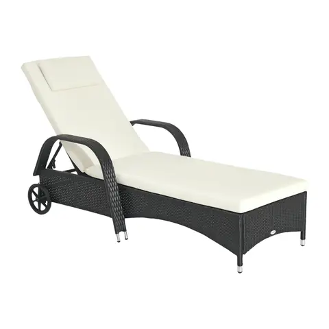 Outsunny Rattan Sun Lounger, Garden Lounger Recliner with Wheels and Adjustable Backrest, Outdoor Reclining Sunbed Garden Cha