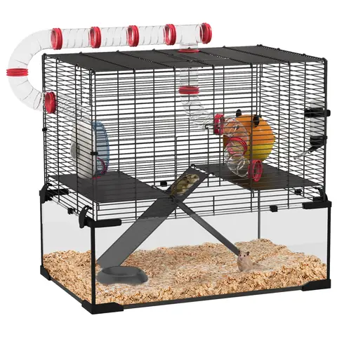 PawHut Large Hamster Cage, Gerbil Cage with Deep Glass Bottom, Tunnels, Non-Slip Ramps, Exercise Wheels, Water Bottle, Dish, 60 x 40 x 57cm