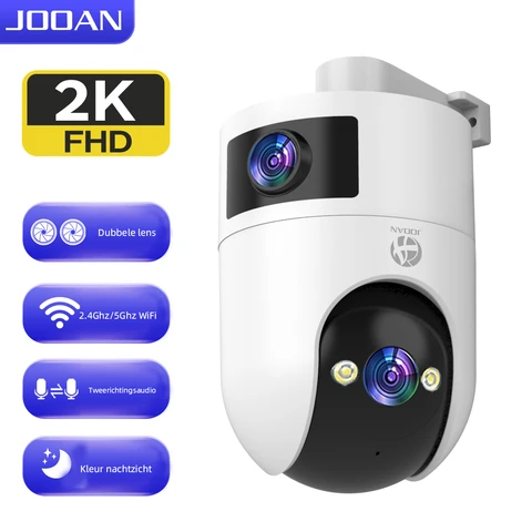 JOOAN beveiligingscamera met dubbele lens, 2K, 5G, 2,4 GHz dual-band wifi, 360°-zicht, IP66 waterdicht, kleurrijke nachtzicht, 24/7-opnames, automatisch volgen, huisbewaking voor huisdieren, ouders en kinderen, opslag via cloud of kaart