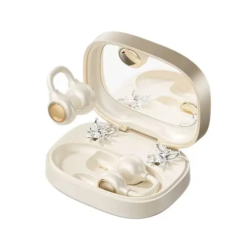 dpower M183 Écouteurs Sans Fil à Clip d’Oreille Ouverts | Boîtier avec Miroir Intégré, Décor Papillon Strass Amovible | Bluetooth 6.0 Audio Spatial, Basses Renforcées, Faible Latence Jeu, Cadeau Idéal Femme Blanc