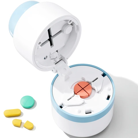 Pill Cutter 1/4 - Pill Splitter with Stainless Steel Blade for Cutting Small Pills or Large Pills in one Fourth, Suitable for Cuting Vitamins, Tablets (1-4 Blue)