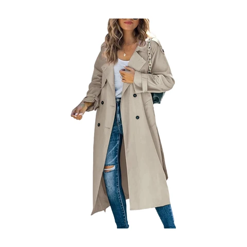 Women's Double Breasted Long Trench Coat Windproof Classic Lapel Slim Overcoat with Belt (khaki, M)